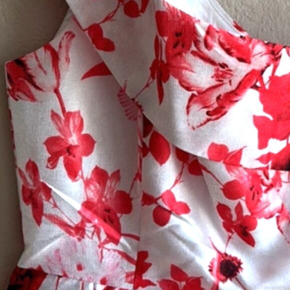 Microstar, Red n Pink Floral Printed Shimmer Dress, With A Bare Shoulder M - Picture 4 of 10